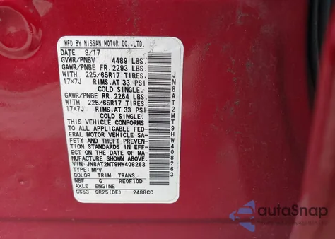 2017 Nissan Rogue Sv z USA, uszkodzony, nr VIN JN8AT2MT9HW408263